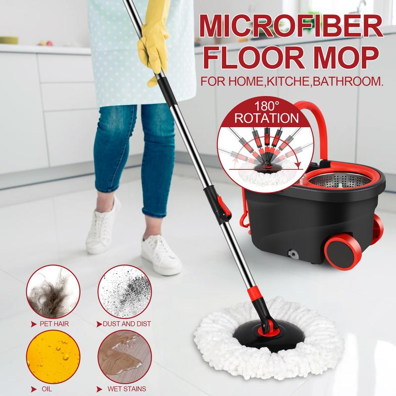 Spin Mop and Bucket on Wheels with Wringer Set & Mop Replacement Heads