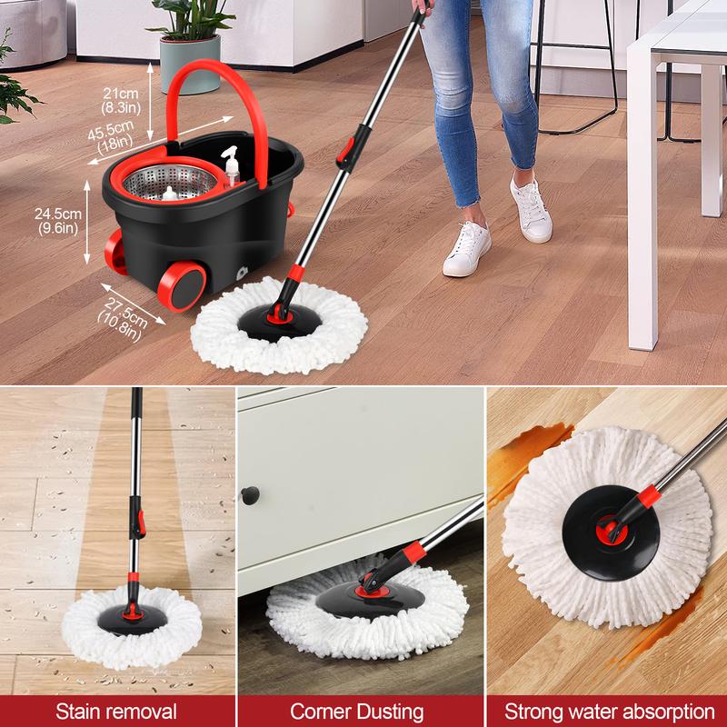 Spin Mop and Bucket on Wheels with Wringer Set & Mop Replacement Heads