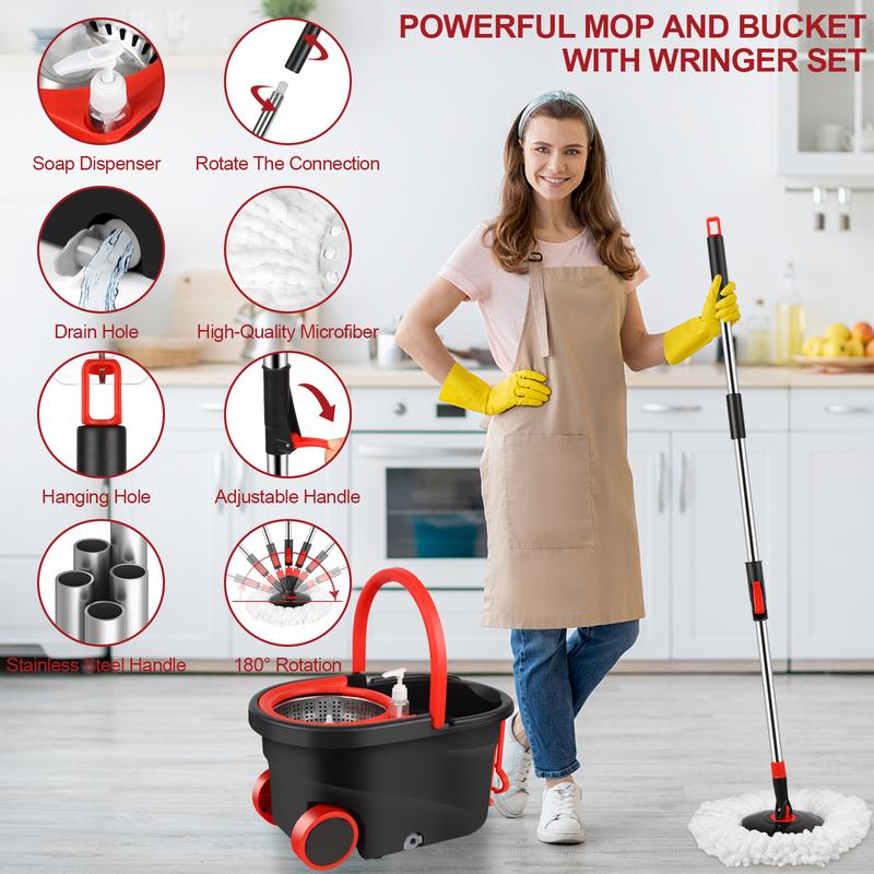 Spin Mop and Bucket on Wheels with Wringer Set & Mop Replacement Heads