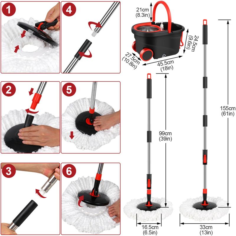 Spin Mop and Bucket on Wheels with Wringer Set & Mop Replacement Heads