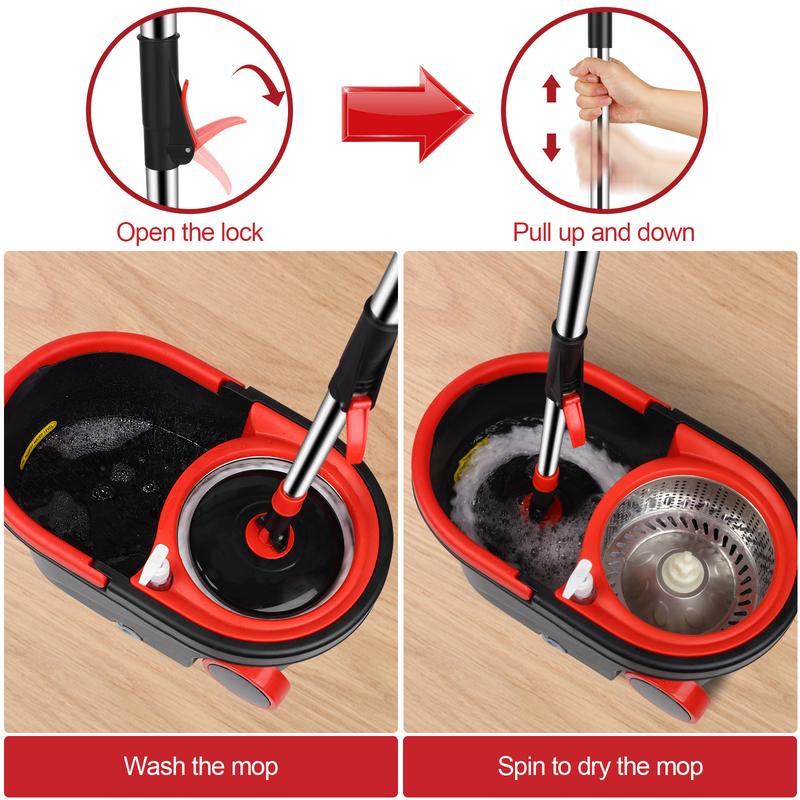 Spin Mop and Bucket on Wheels with Wringer Set & Mop Replacement Heads