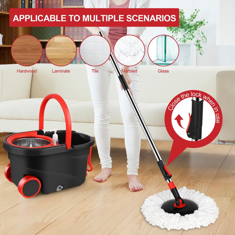 Spin Mop and Bucket on Wheels with Wringer Set & Mop Replacement Heads